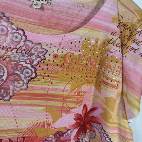 One World Top Women XL Gemini Pink Orange Astrology Floral Bling High Low Spring - Picture 4 of 9